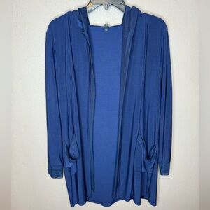 By JJ Navy Blue Duster Hooded Cardigan Size Large Flowy Pockets Long Sleeves